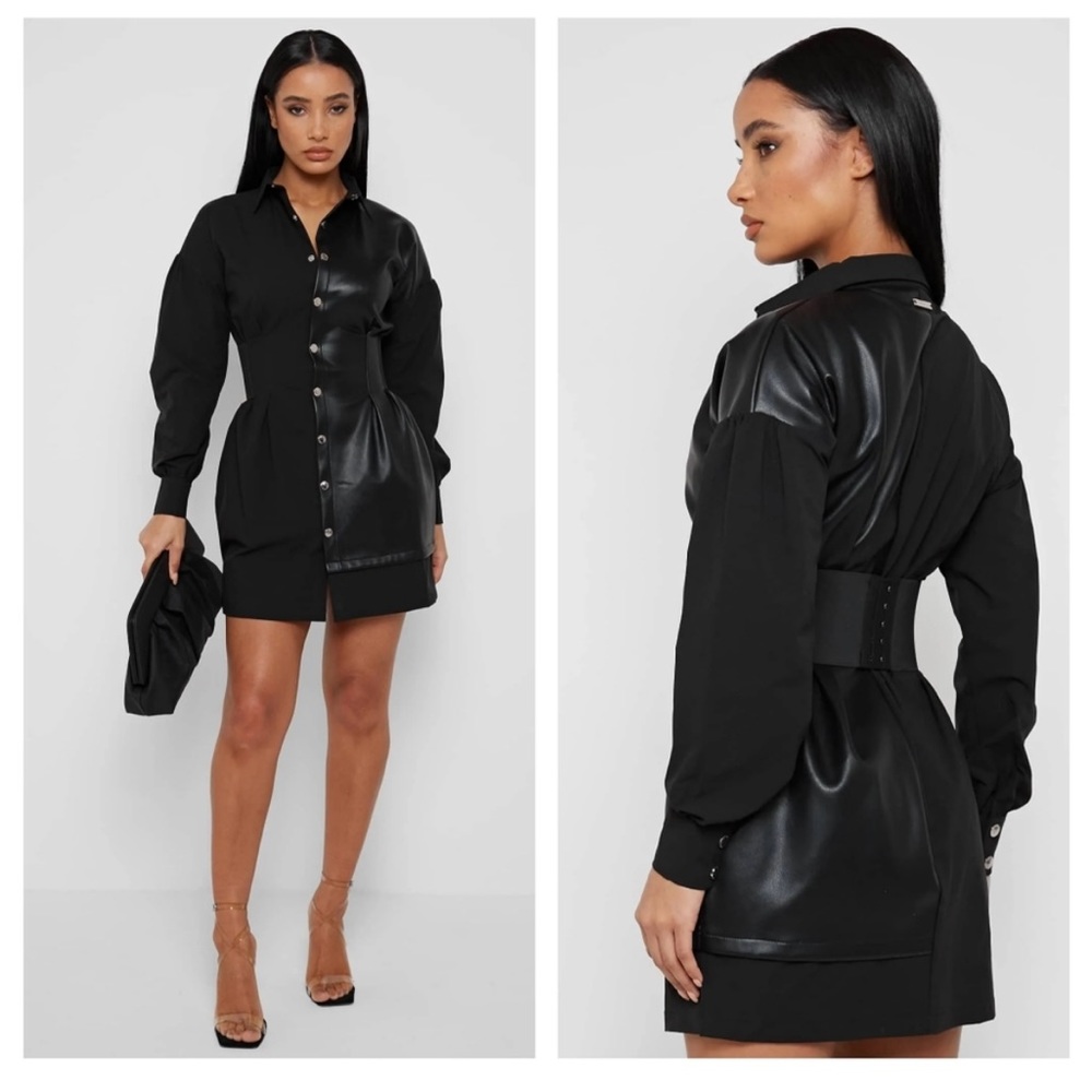 NEW Maniere De Voir Half Vegan Leather Corset Belt Shirt Dress Black US 4 (UK 8)